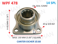 P .FLANGE  14-TH x 5.00” SQUARE x 60MM-H x 8H x 3/8 BSF x 52MM OIL SEAL- CANTR O/M 