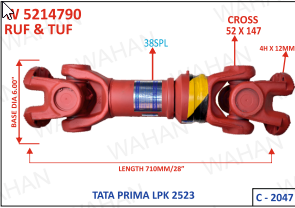 INTER AXLE SHAFT - UJC - 52 X 147 X BASE DIA - 6" X 38TH X 4H x 12MM X LENGTH - 28”/710MM X SERIES - C-2047