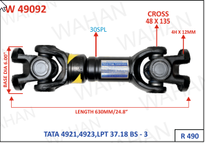 [W 49092] INTER AXLE SHAFT - UJC - 48 X 135 X BASE DIA - 6" X 30TH X 4H x 12MM X LENGTH - 24.8”/630MM X SERIES - R-490
