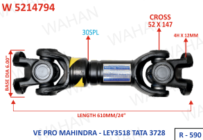 [W 5214794] INTER AXLE SHAFT - UJC - 52 X 147 X BASE DIA - 6" X 30TH X 4H x 12MM X LENGTH - 24”/610MM X SERIES - R-590