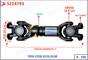 [W 5214793] INTER AXLE SHAFT - UJC - 52 X 147 X BASE DIA - 6" X 30TH X 4H x 12MM X LENGTH - 25.1”/640MM X SERIES - R-590